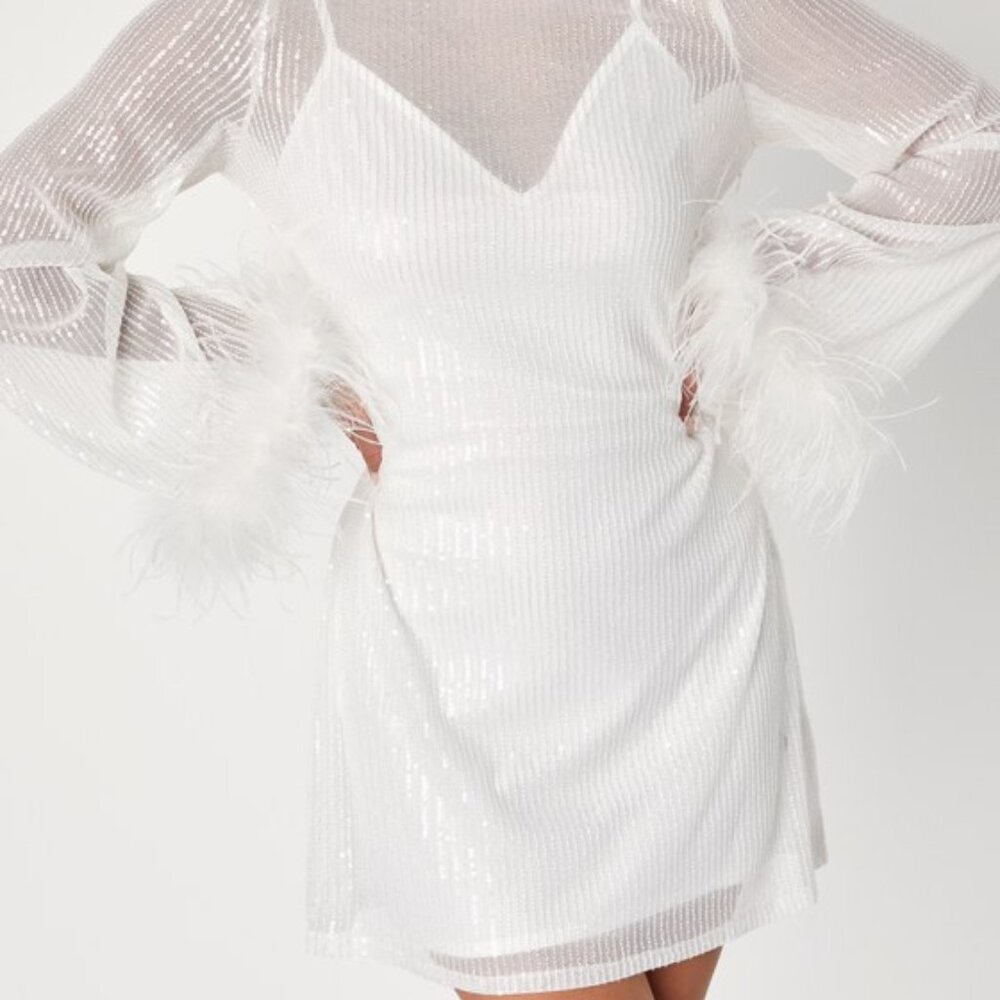 Lulus Marvelous Energy White Sequin Mesh Long Sleeve Mini Dress - Size S